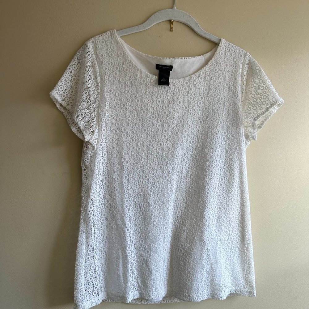 Ann Taylor White Short Sleeve T-Shirt with Lace Overlay